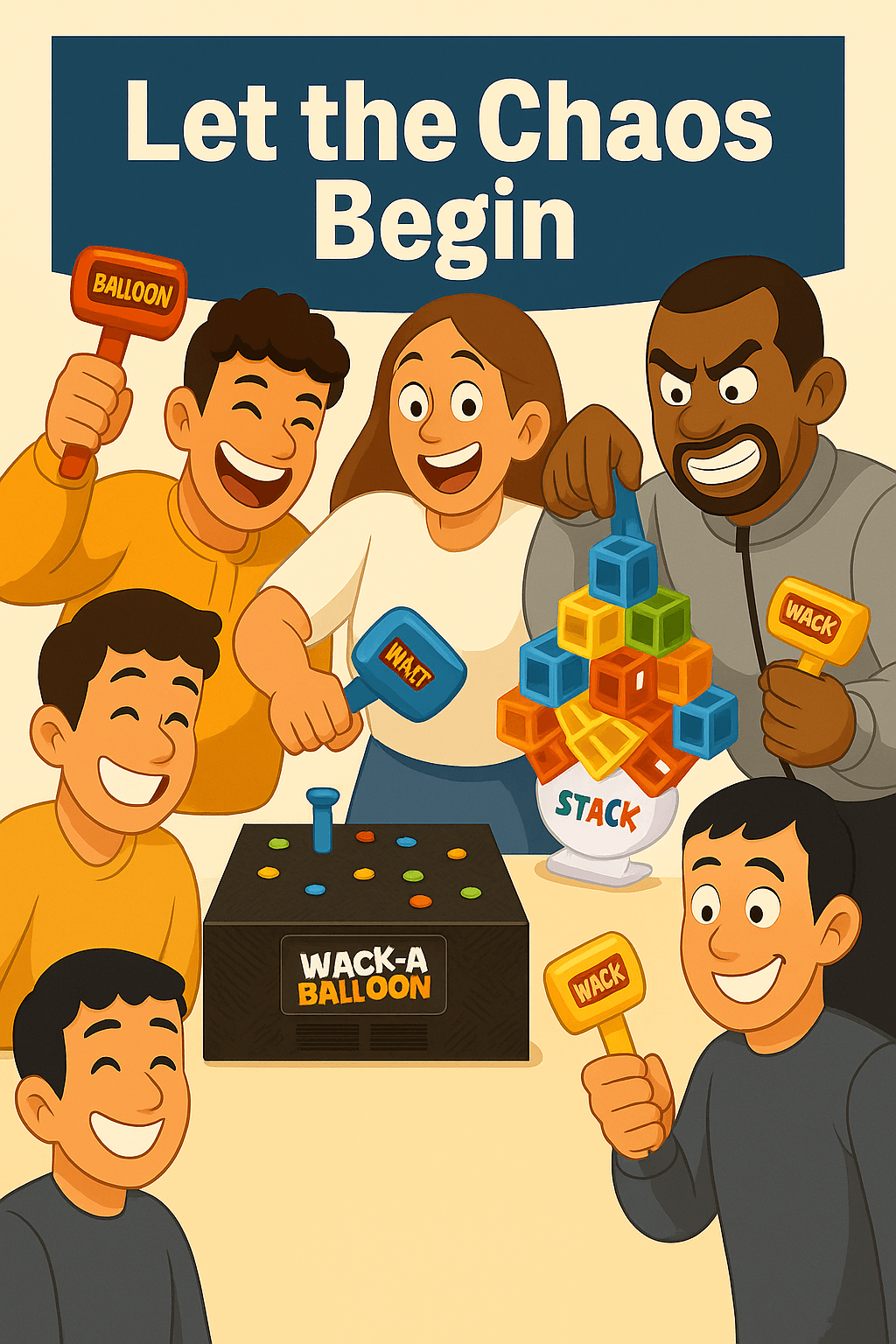 Animated characters playing stack attack